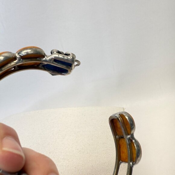 Handmade Vintage Hinged Bangle Bracelet Silver-Tone Boho Tan Blue Floral - Picture 10 of 10